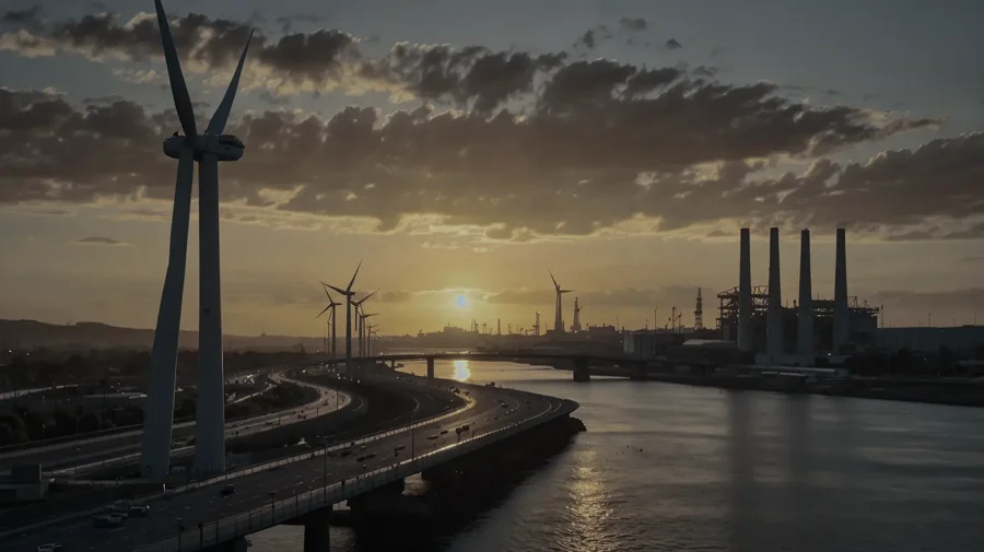 Wind turbines, transport links and industrial assets beside a river at sunset