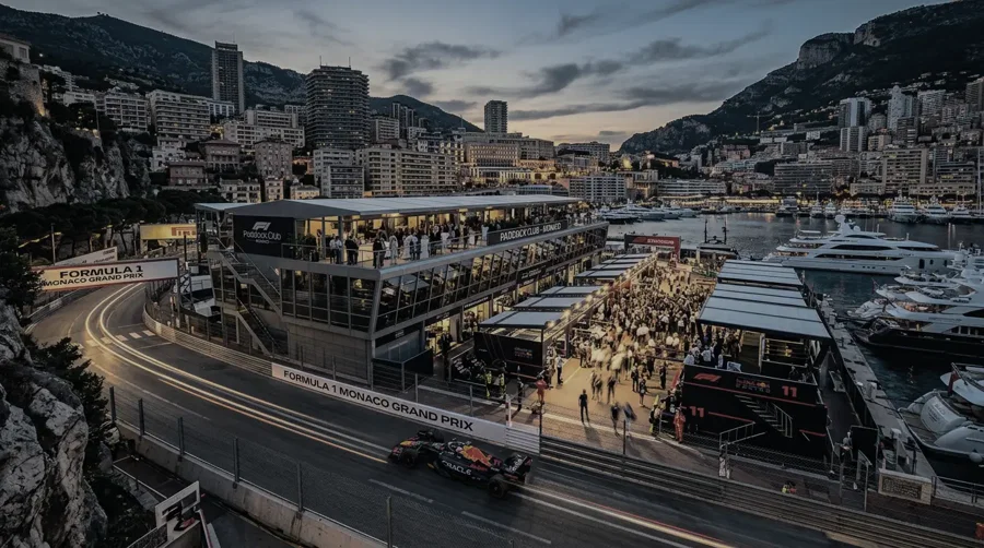 Formula One racing circuit beside Monaco’s harbour at dusk
